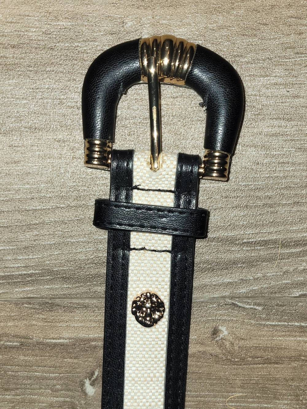 Black and Cream Women’s Leather-Trim Canvas Belt with Gold Buckle
